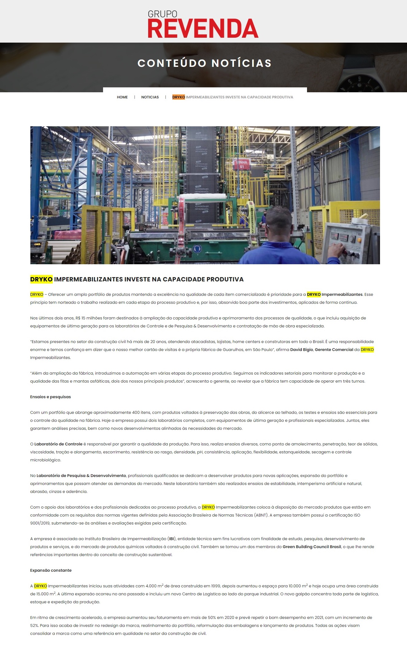 DRYKO IMPERMEABILIZANTES INVESTE NA CAPACIDADE PRODUTIVA