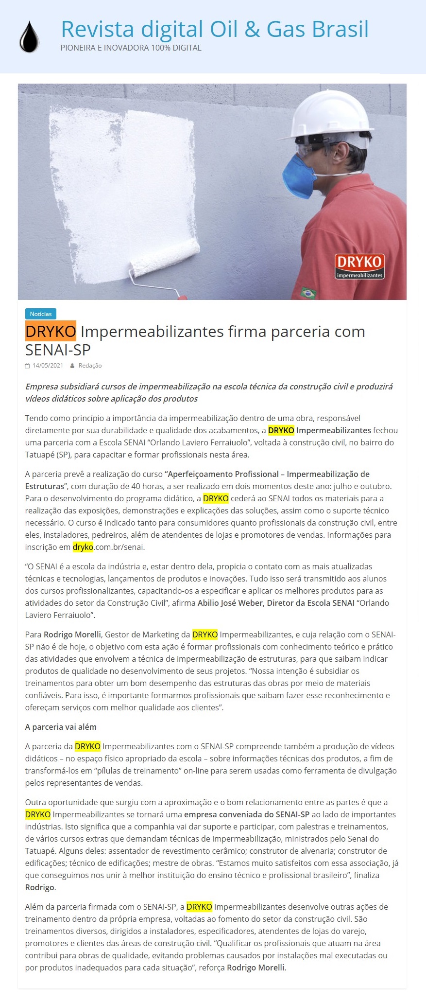 DRYKO Impermeabilizantes firma parceria com SENAI-SP