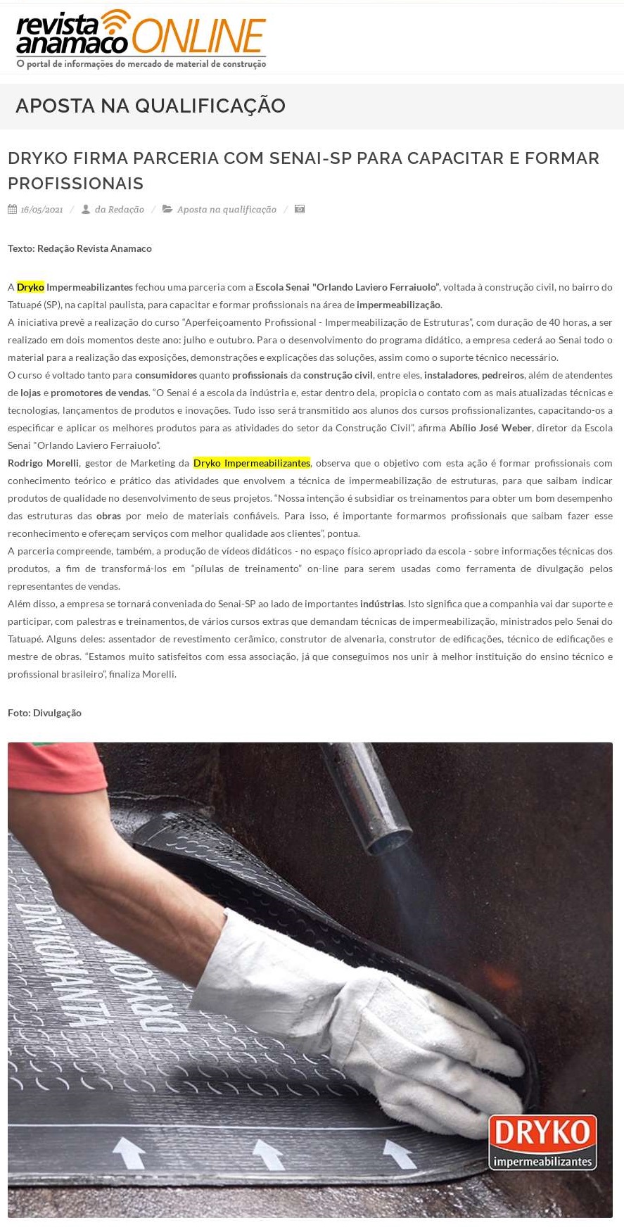 Dryko firma parceria com Senai-SP para capacitar e formar profissionais