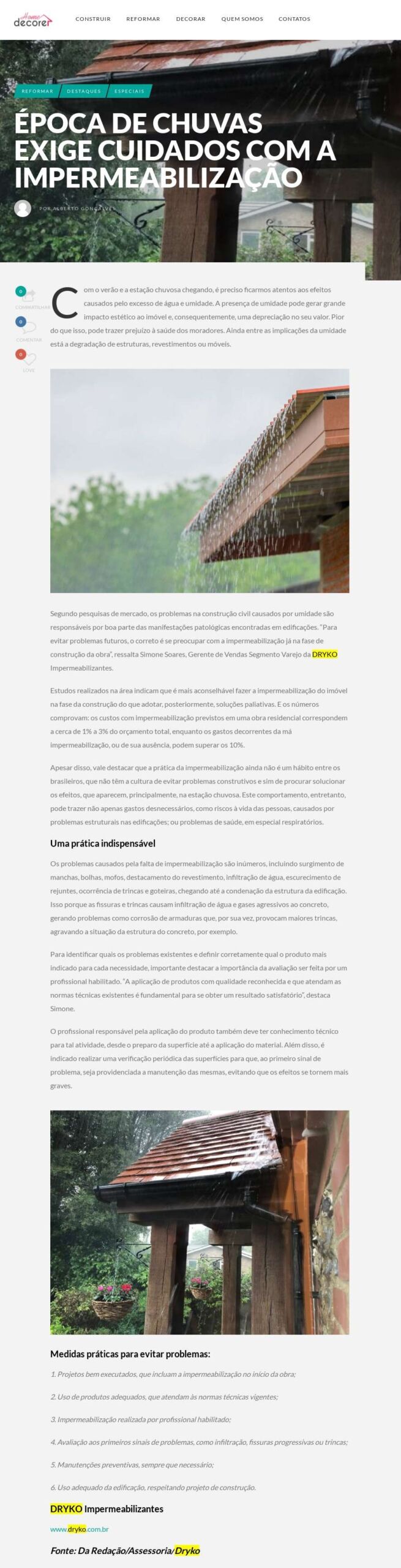 Época de chuvas exige cuidados com a impermeabilização