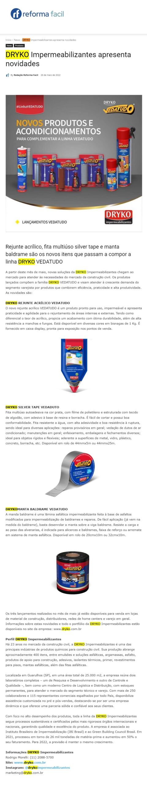 DRYKO Impermeabilizantes apresenta novidades