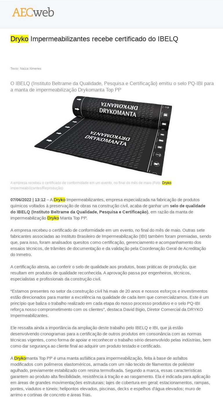 Dryko Impermeabilizantes recebe certificado do IBELQ