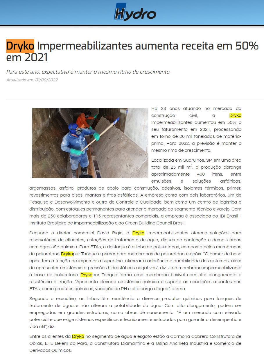 Dryko Impermeabilizantes aumenta receita em 50% em 2021