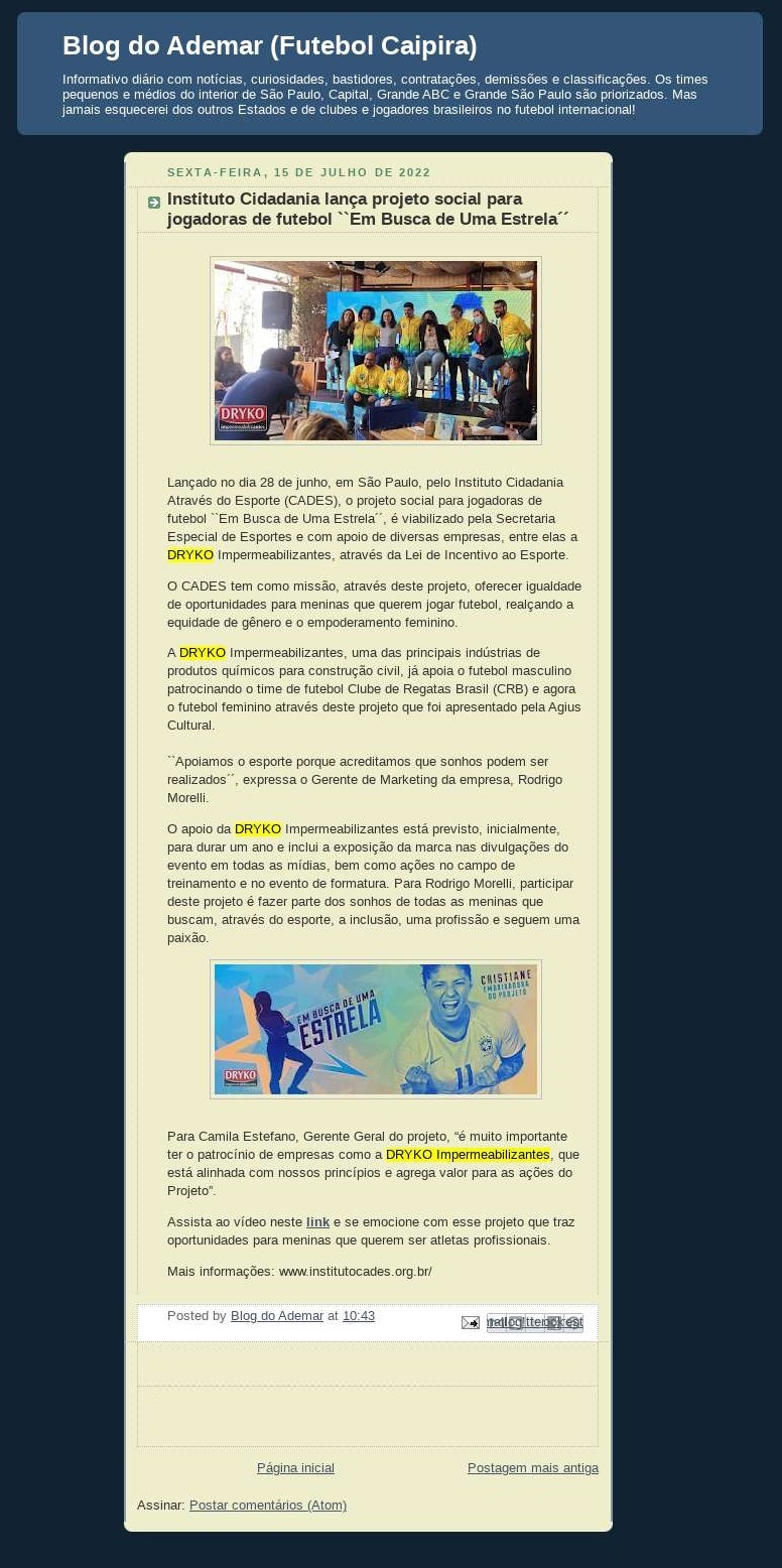 Instituto Cidadania lança projeto social para jogadoras de futebol ``Em Busca de Uma Estrela´´