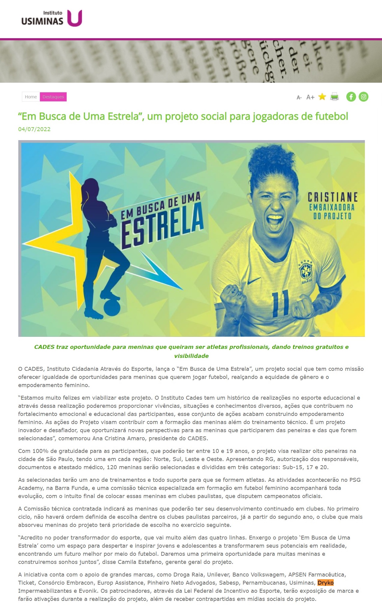 “Em Busca de Uma Estrela”, um projeto social para jogadoras de futebol