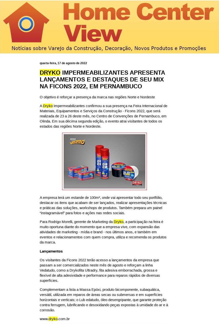 DRYKO IMPERMEABILIZANTES APRESENTA LANÇAMENTOS E DESTAQUES DE SEU MIX NA FICONS 2022, EM PERNAMBUCO