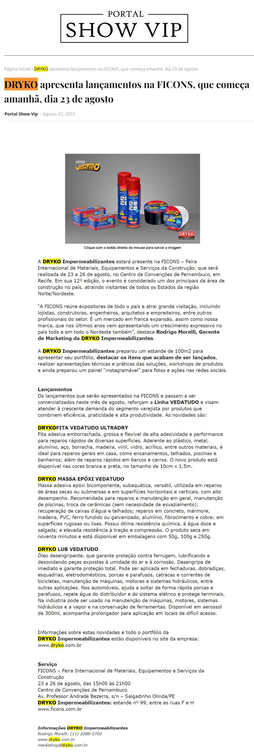 DRYKO apresenta lançamentos na FICONS, que começa amanhã, dia 23 de agosto