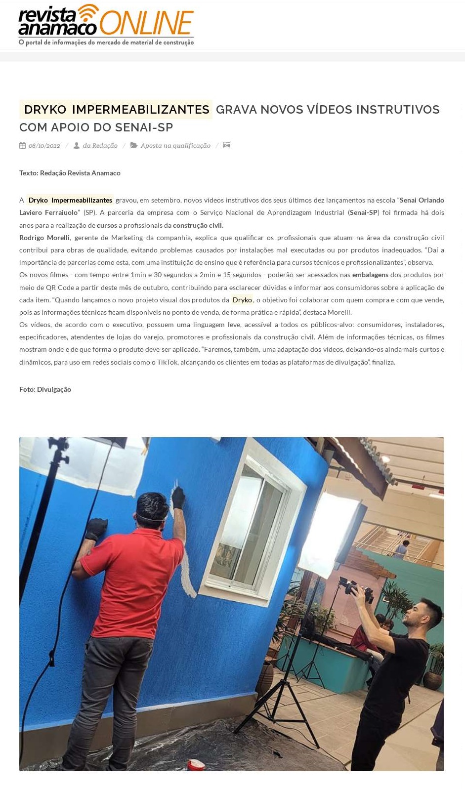 Dryko Impermeabilizantes grava novos vídeos instrutivos com apoio do Senai-SP